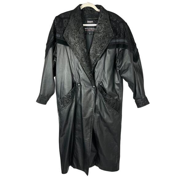 Wilsons Leather Long Trench Coat Jacket Mens Medium Black VTG Lace Suede Lined - Picture 1 of 16